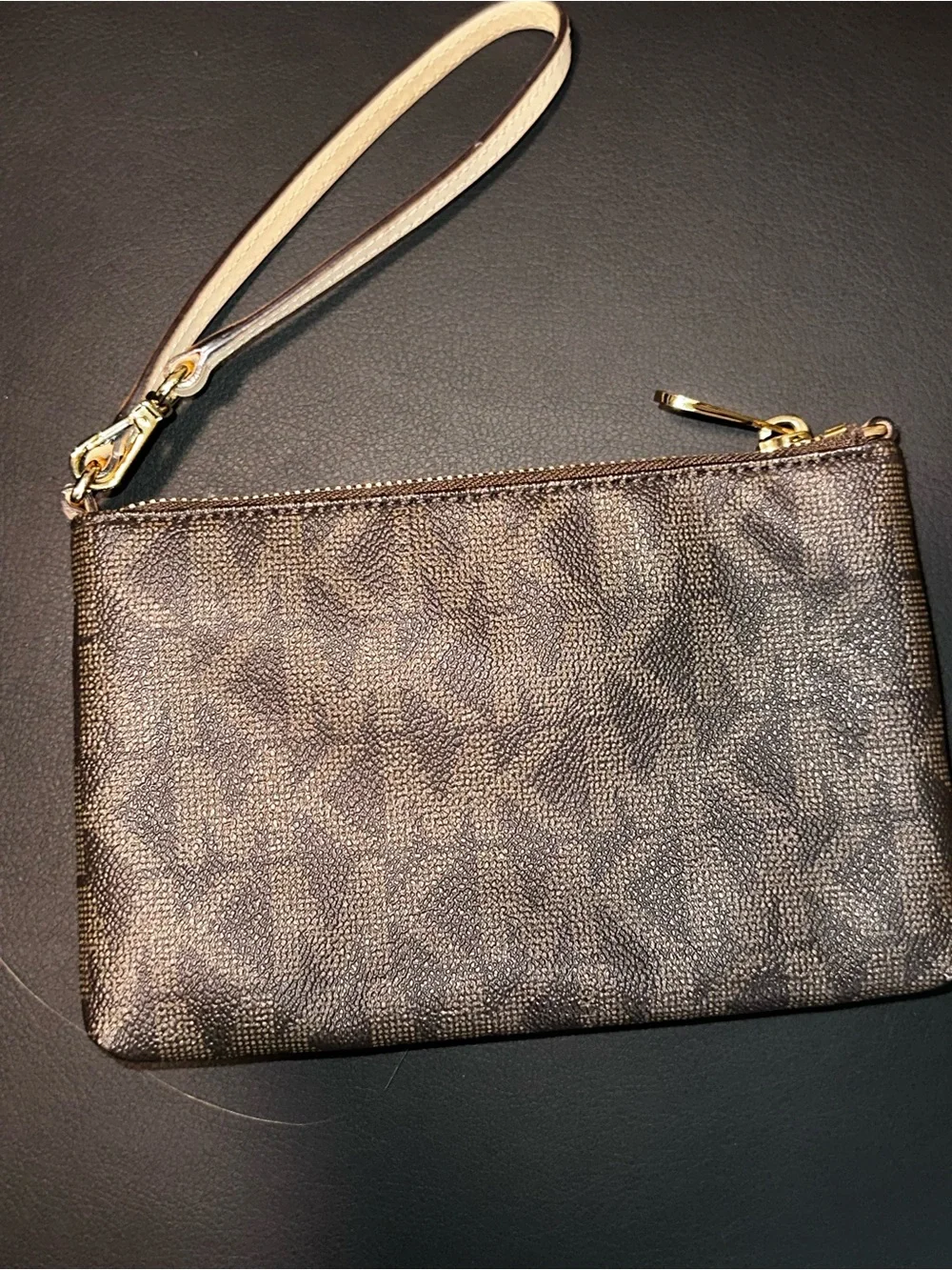 Michael Kors Dark Brown Signature Wristlet with Gold Hardware